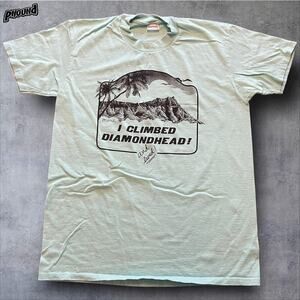 VINTAGE Diamond Head Shirt Mens Large Mint Green Hawaii I Climbed Made USA 80s